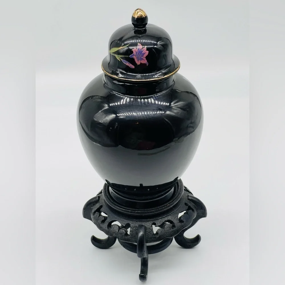 Ornate Japanese Black Glazed Ceramic Ginger Jar